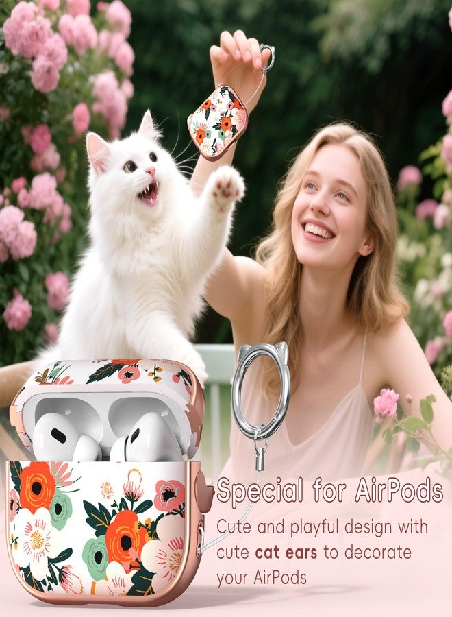 MHYALUDO جراب MHYALUDO لسماعات AirPods Pro 2 مع طقم تنظيف، تصميم لطيف بطبعة أذن قطة وإبزيم أنيق للبنات، حامل هاتف وإبزيم قفل علوي آمن لجراب AirPods Pro من الجيل الثاني/الأول، زهرة ذهبية وردية - Image 3